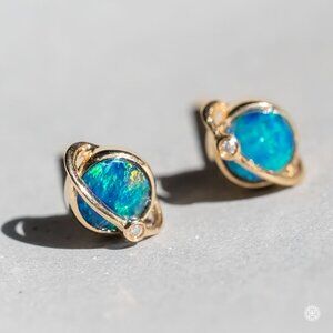 Earth Moon Design Australian Doublet Opal & Diamond Stud Earrings 18K Glod